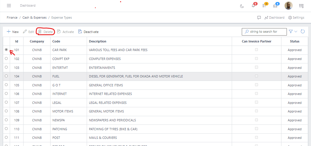 Fig 6.0 Deleting Expense Types