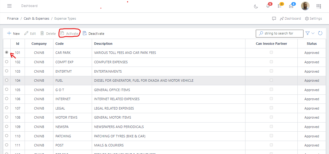  Image showing button to activate a expense type.