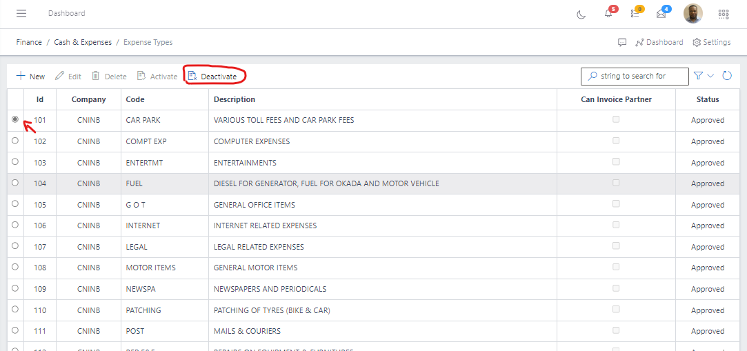 Image showing button to deactivate a expense type