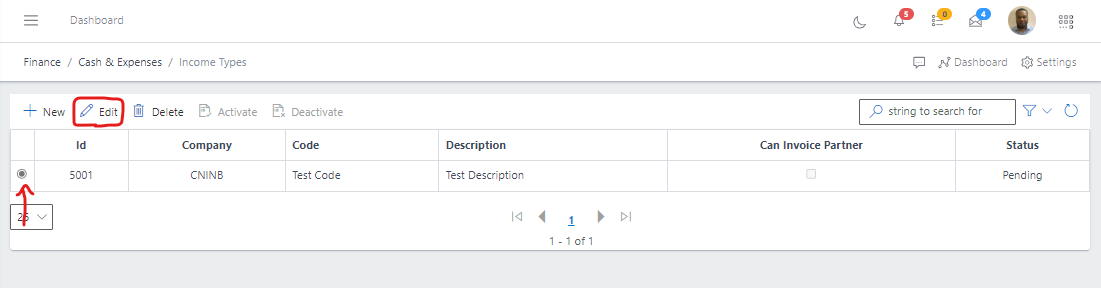 Fig 5.0 Editing Income Types