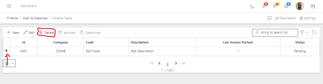 Fig 6.0 Deleting Income Types