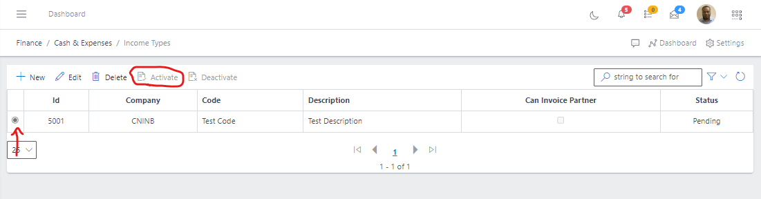  Image showing button to activate a income type.