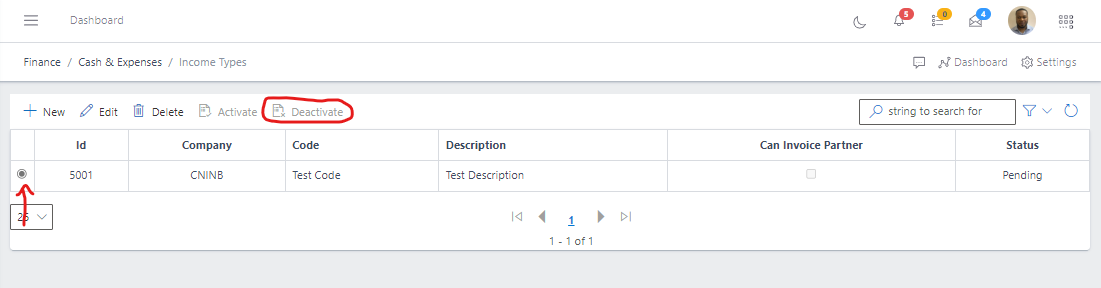 Image showing button to deactivate a income type