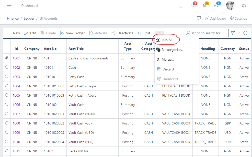  Image showing run all button for GL Account.