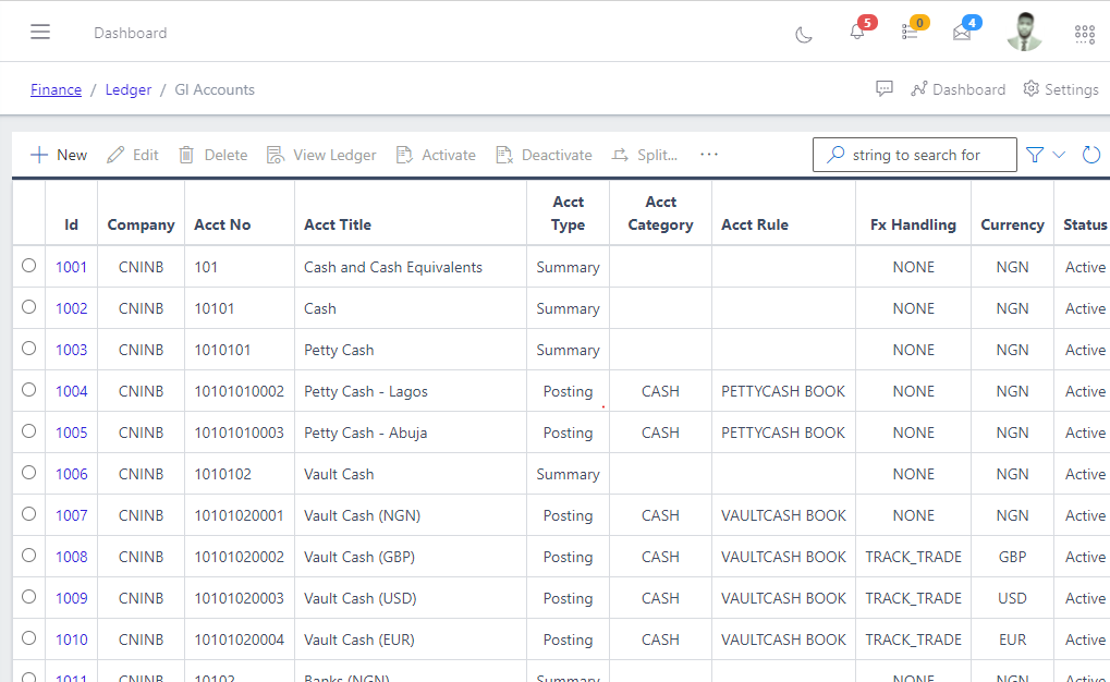 Image showing list of existing GL Accounts