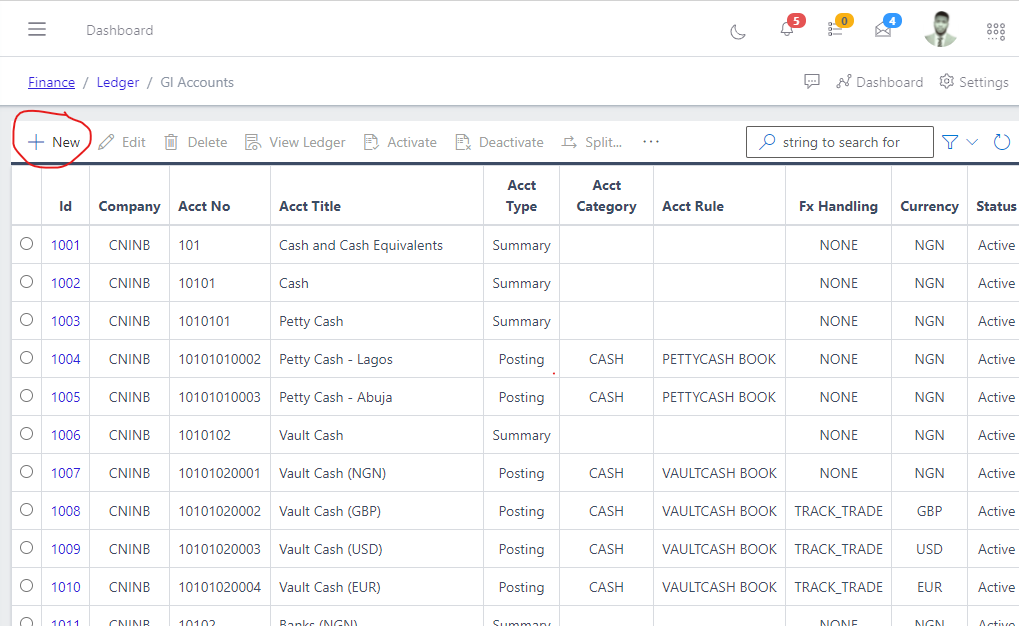 Image showing the new button to create a GL Account