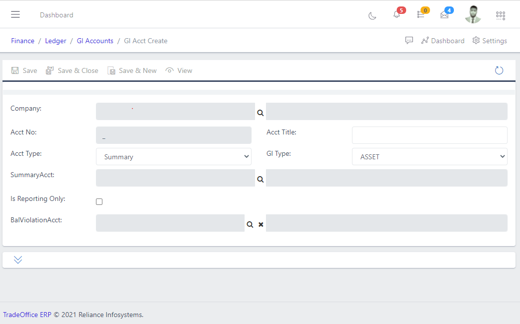 Image showing GL Account creation form