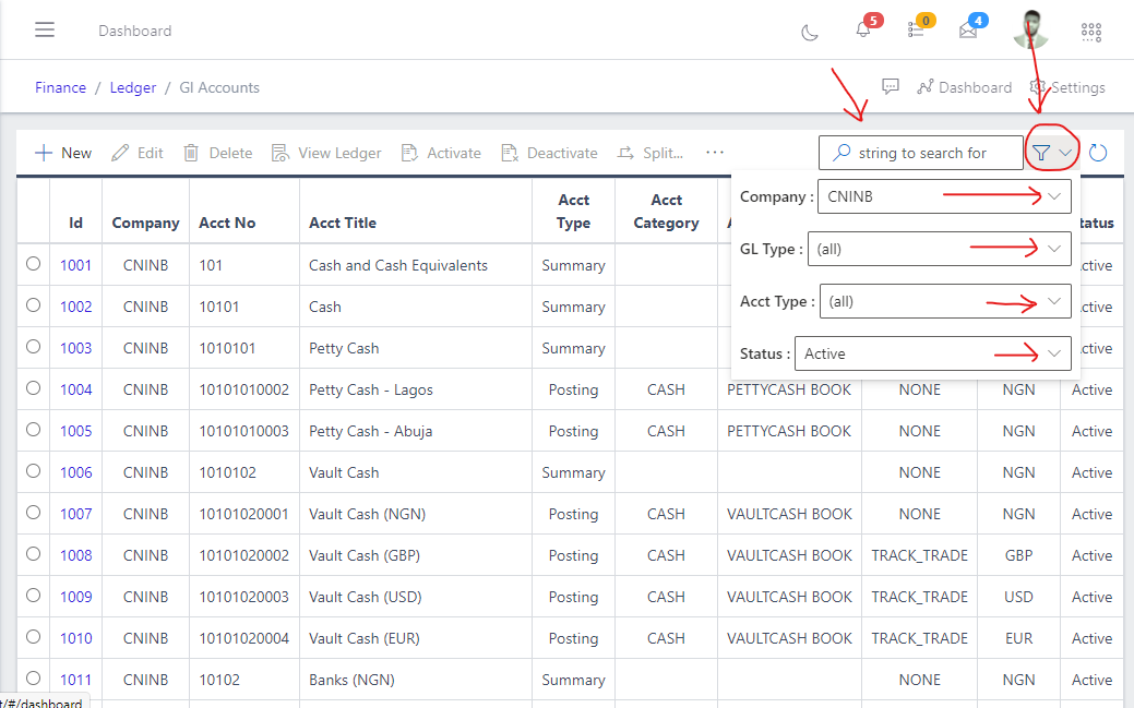 Image showing filter options for GL account.