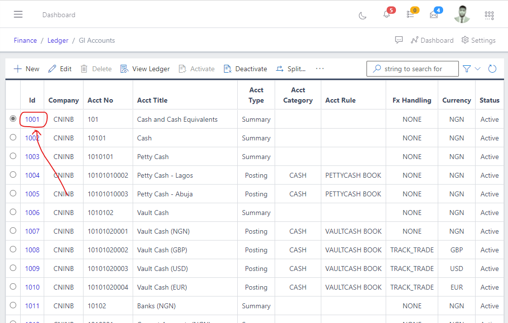 Image showing the id of a GL account.
