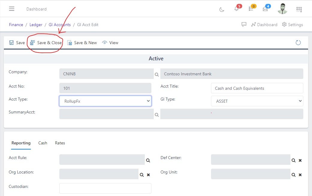  Image showing how to save changes to an existing GL Account.