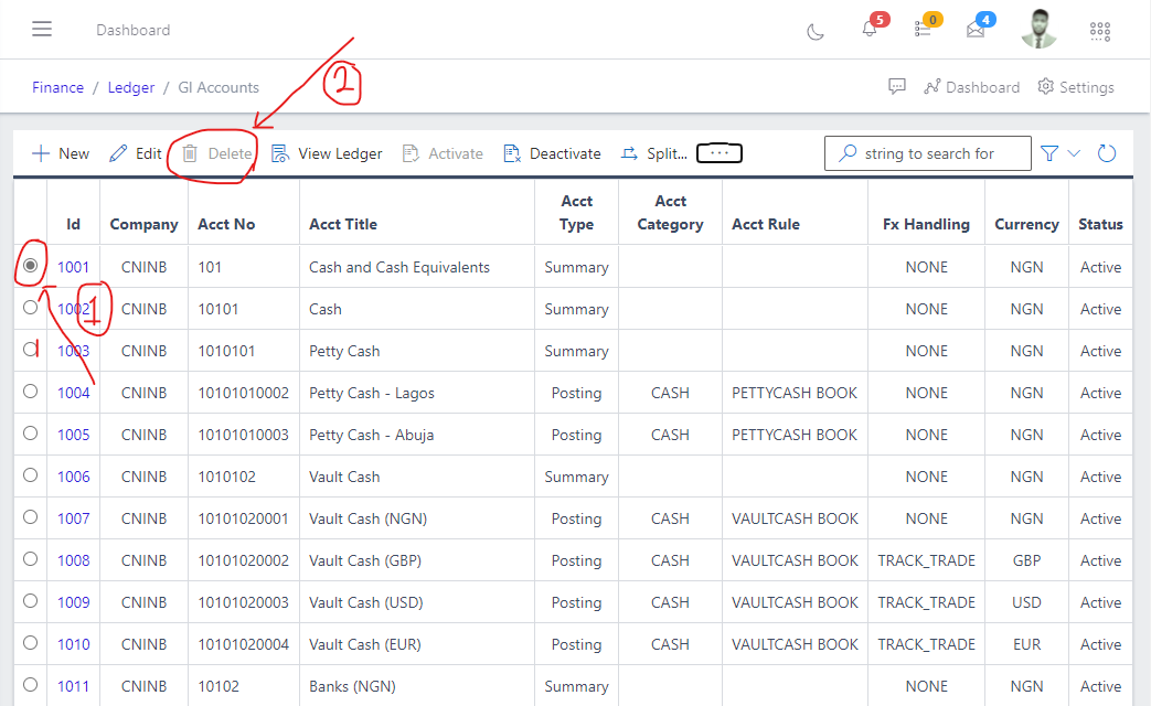  Image showing how to delete an existing GL Account.