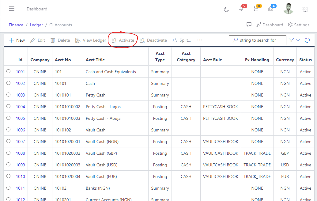  Image showing activate button for GL Account.