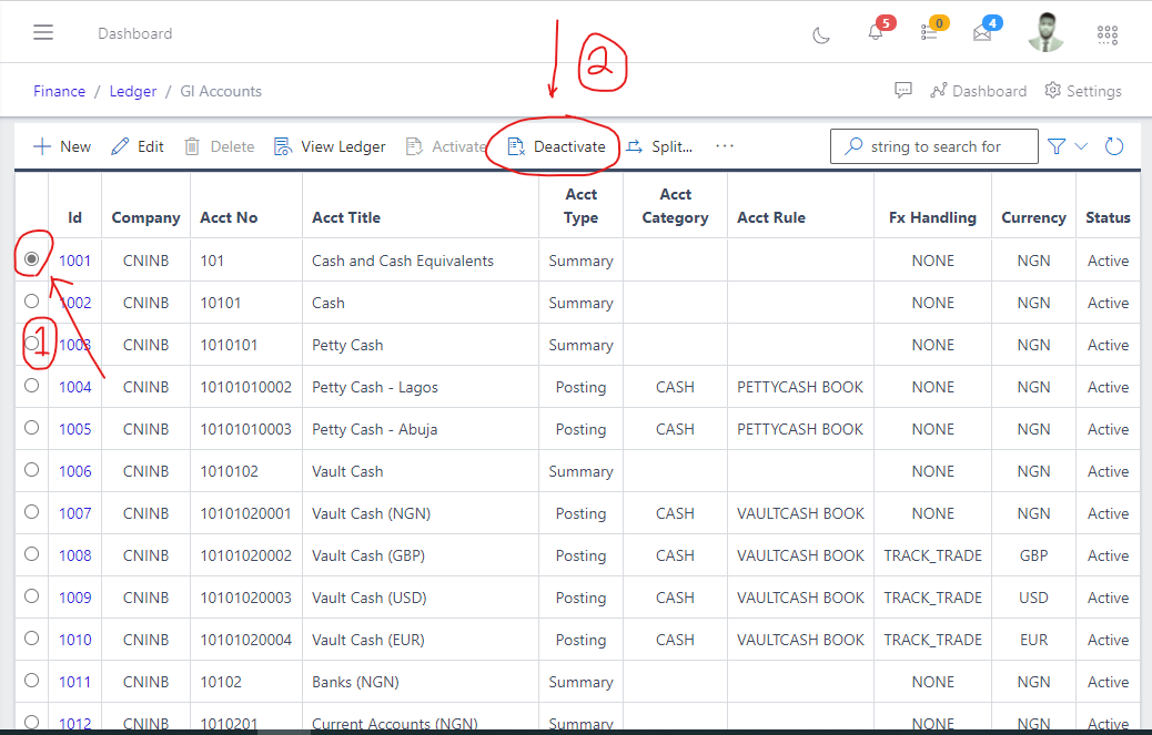  Image showing deactivate button for GL Account.