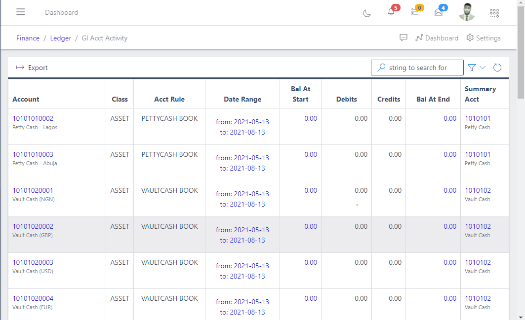 Image showing List of GL Account Activity