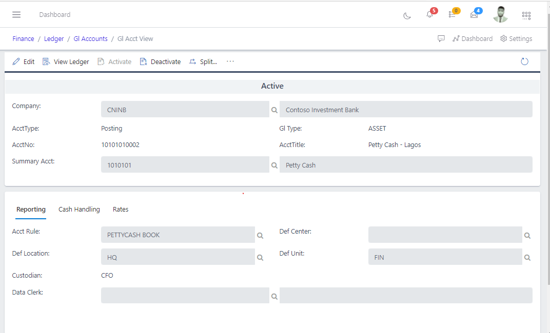 Image showing GL Account view