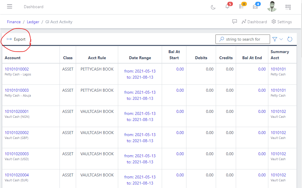 Image showing GL Acct Activity export button