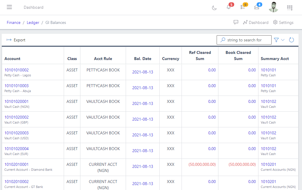 Image showing list view of GL Balances