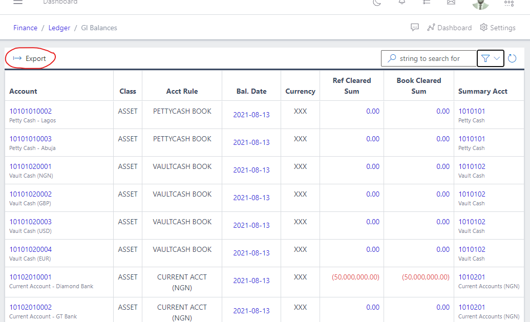 Image showing GL Balances export button