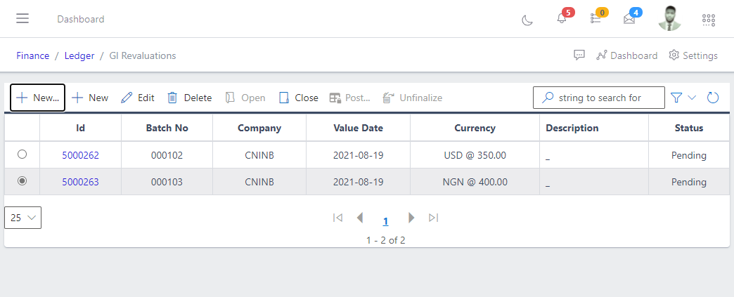 Image showing list of existing GL Revalues