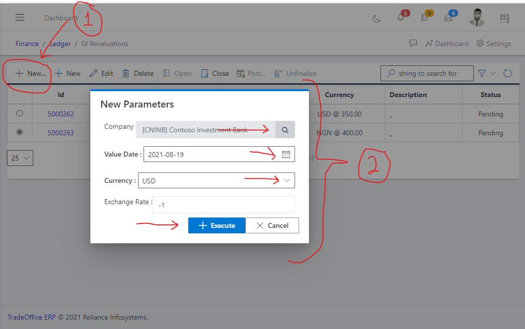 Image showing button to and fields to create GL Revalue automatically