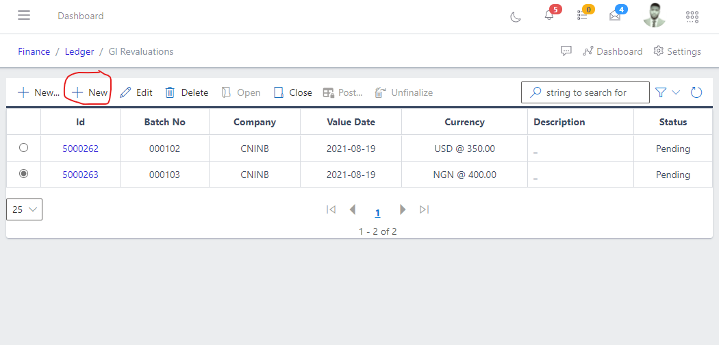 Image showing button to create GL Revalue manually