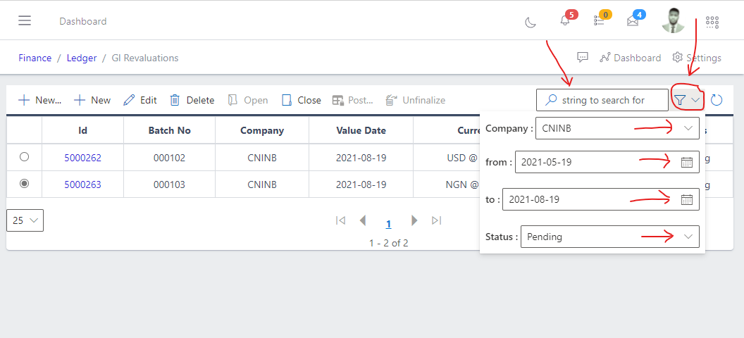 Image showing filter button and options for list of existing GL Revalue