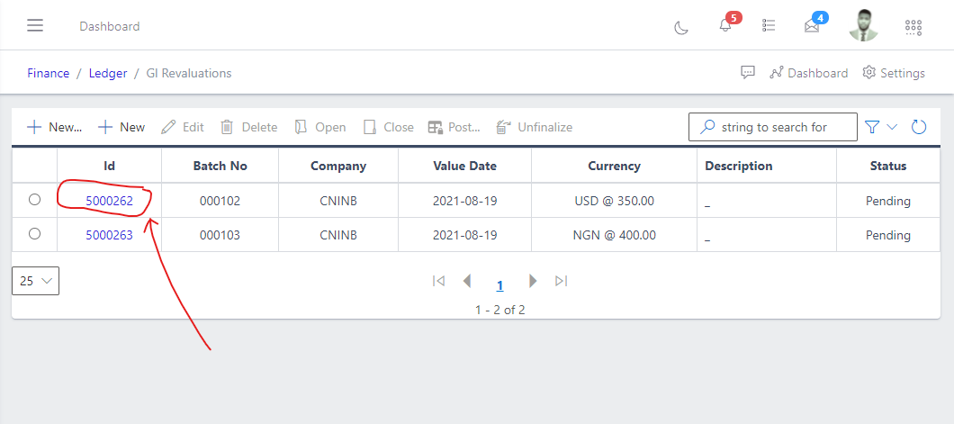 Image showing ID link to view existing GL Revalue.