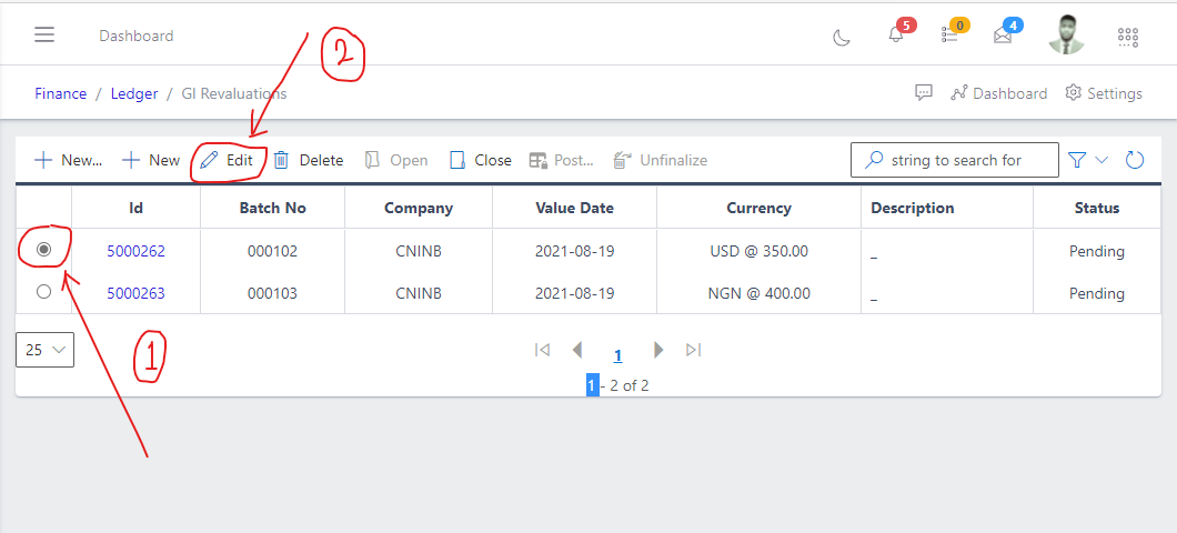 Image showing button to edit an existing GL Revalue