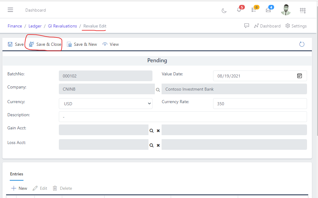 Image showing button to save changes to an edited GL Revalue