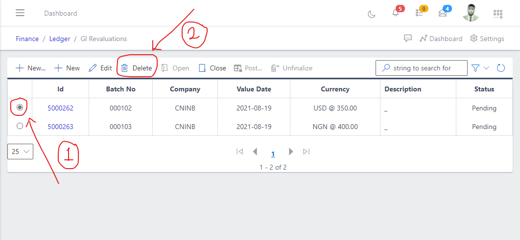 Image showing button to delete an existing GL Revalue