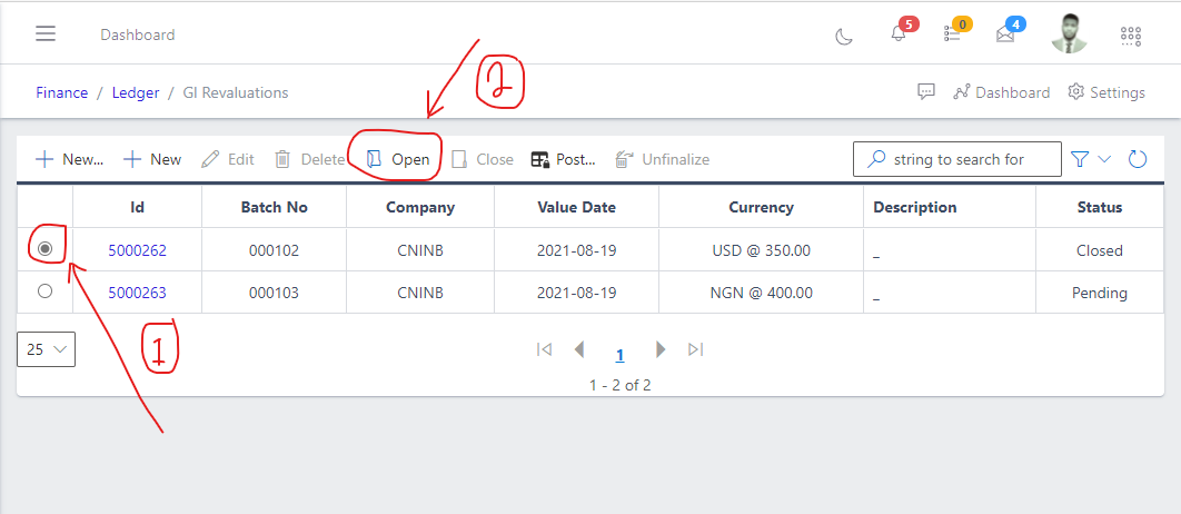 Image showing button to open an existing GL Revalue