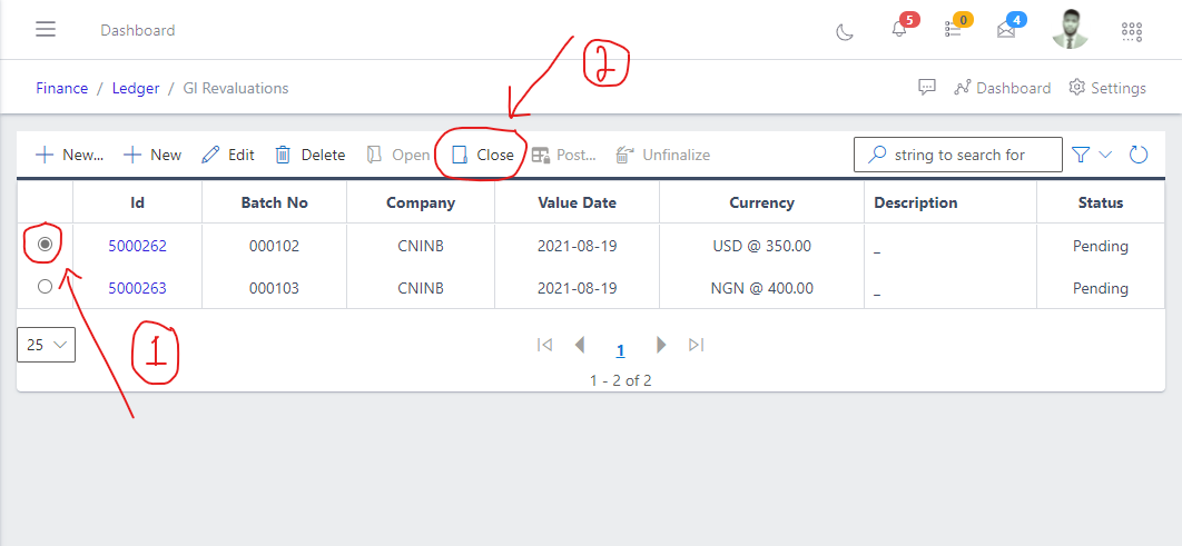 Image showing button to close an existing GL Revalue