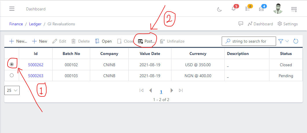 Image showing button to post an existing GL Revalue