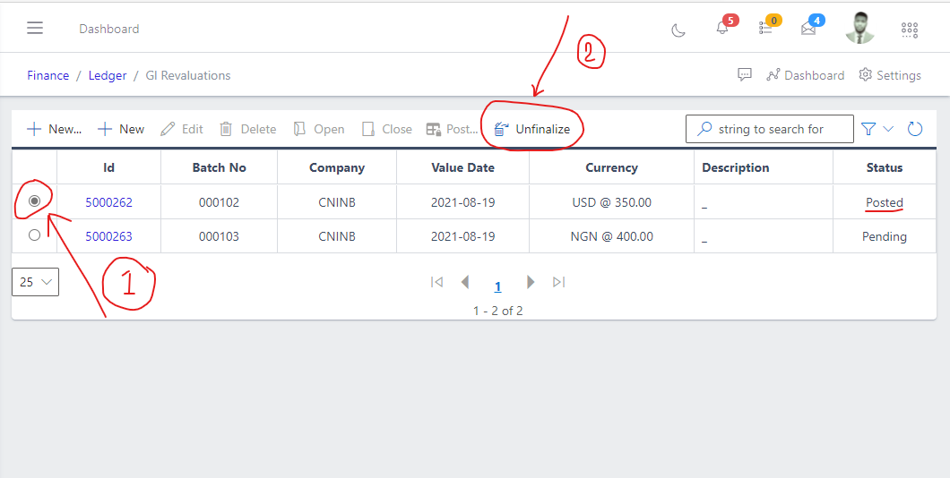 Image showing button to unfinalize an existing GL Revalue