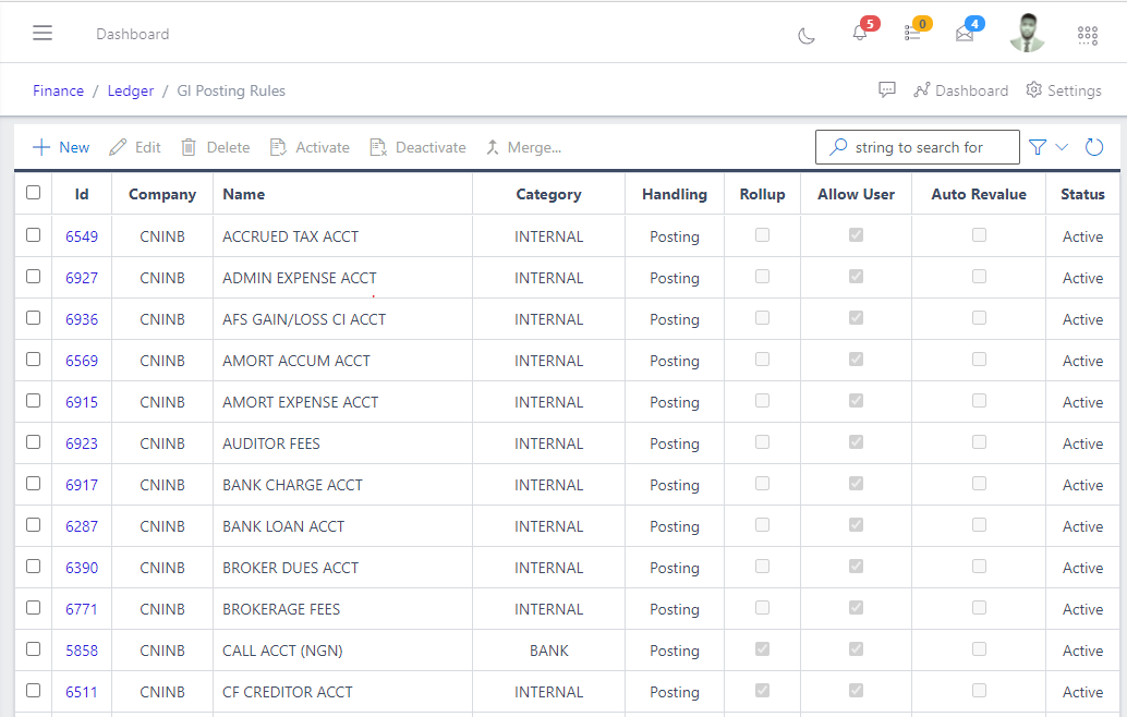 Image showing list of existing GL Posting Rules