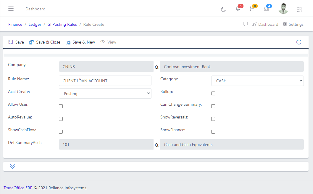 Image showing GL Posting Rules creation form