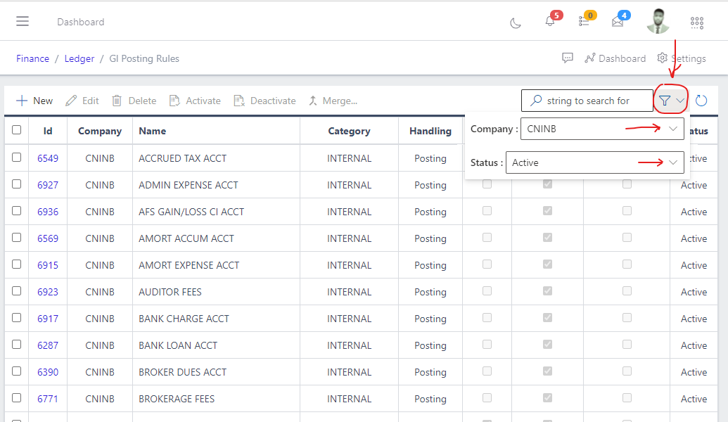Image showing filter options for GL Posting Rules.