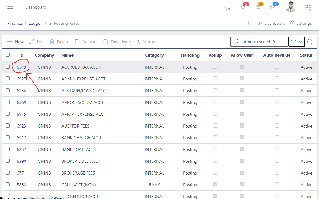 Image showing the id of a GL Posting Rules.