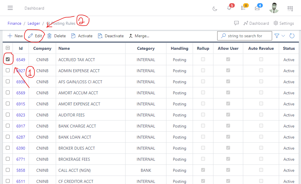 Image showing how to edit an existing GL Posting Rules.