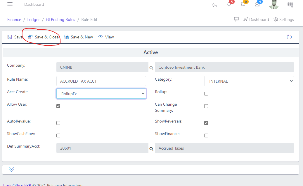  Image showing how to save changes to an existing GL Posting Rules.