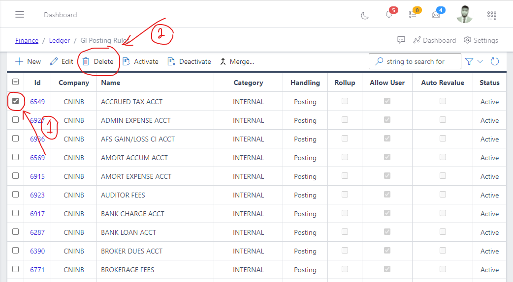  Image showing how to delete an existing GL Posting Rules.