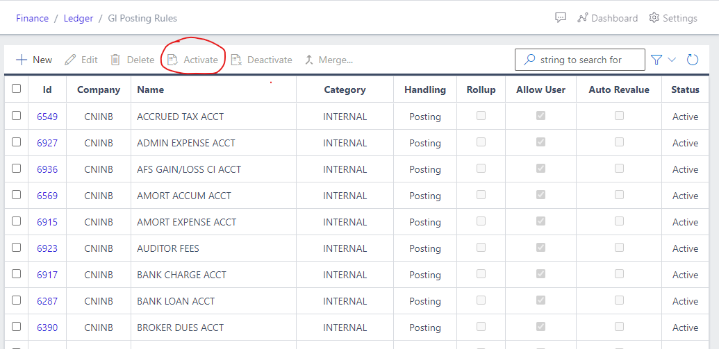  Image showing activate button for GL Posting Rules.