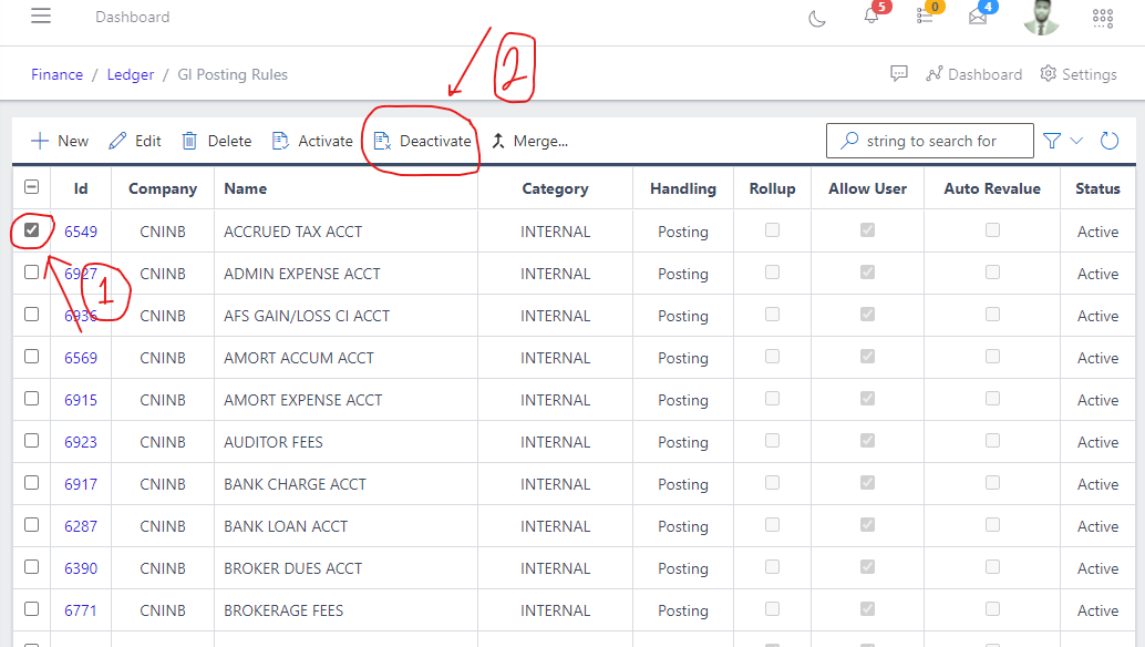  Image showing deactivate button for GL Posting Rules.