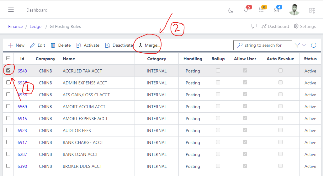 Image showing how to merge two GL Posting Rules.