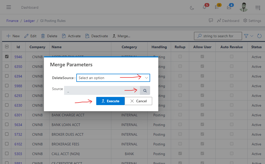 Image showing merge parameters for merging two GL Posting Rules.