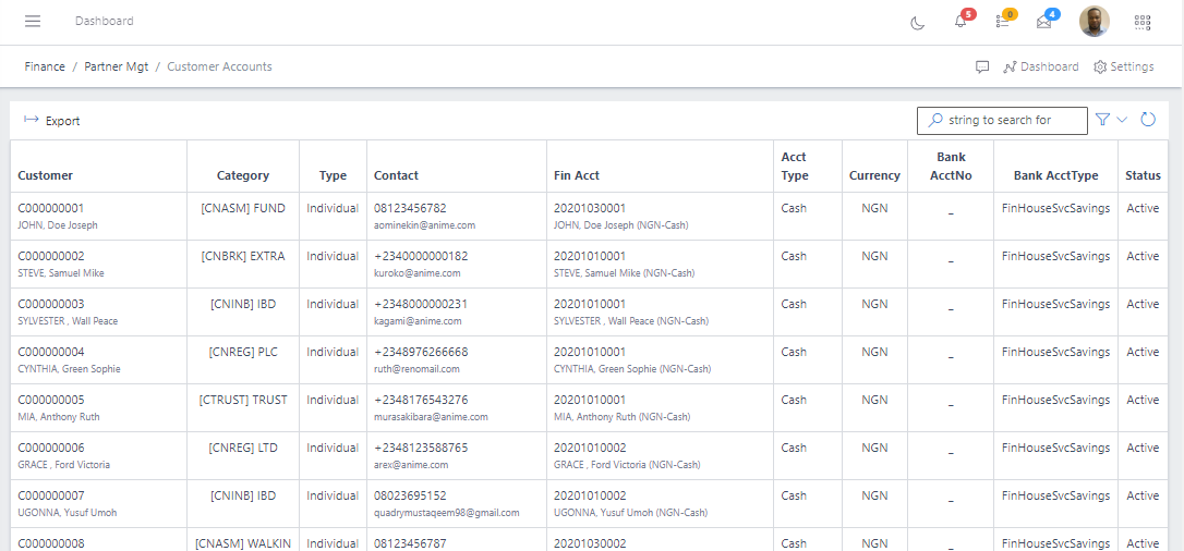 Image showing list of existing customer accounts.
