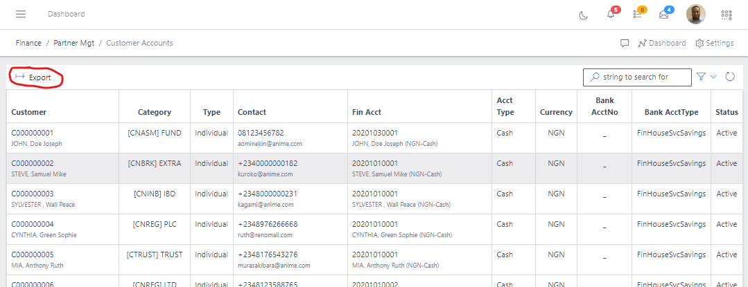 Image showing Customer Accounts export button