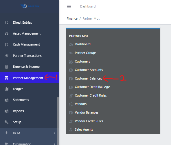 image showing customer balances navigation