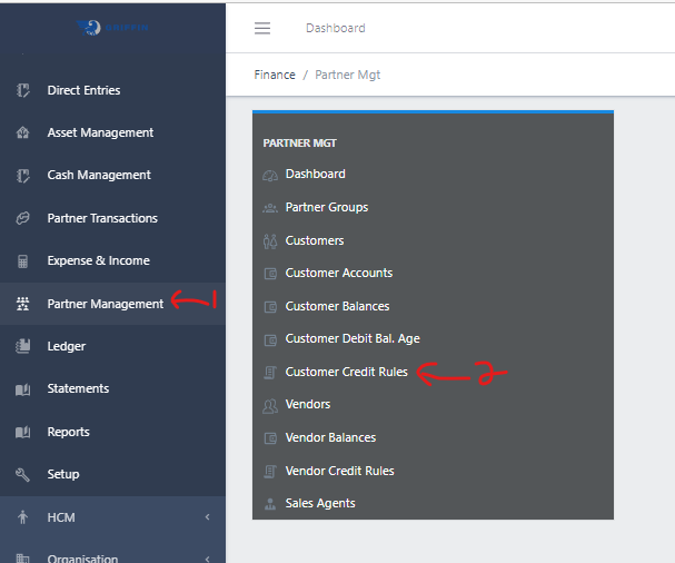 image showing Customer Credit Rules navigation