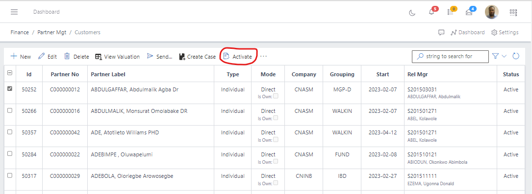  Image showing button to activate a customer.